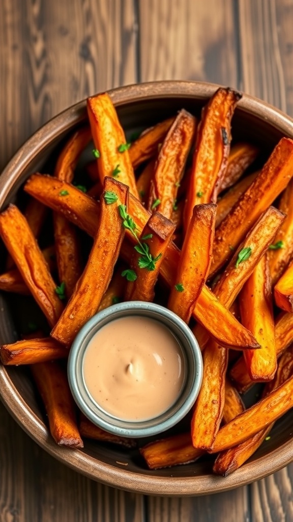 Crispy sweet potato fries in a rustic bowl with dipping sauce on the side.